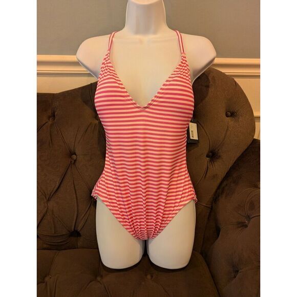 KATE SPADE Ringmaster Swimsuit Striped Radiant Pink Plunging V-neck Size L BNWT - Picture 1 of 16